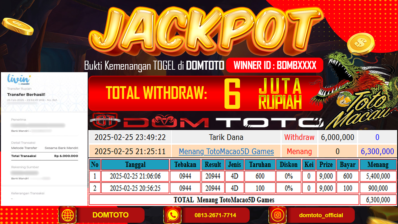 JACKPOT TOGEL TOTOMACAU 5D 26 FEBRUARI 2025